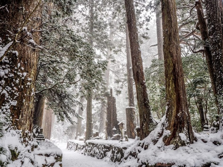 Okunoin cemetery in a snow storm