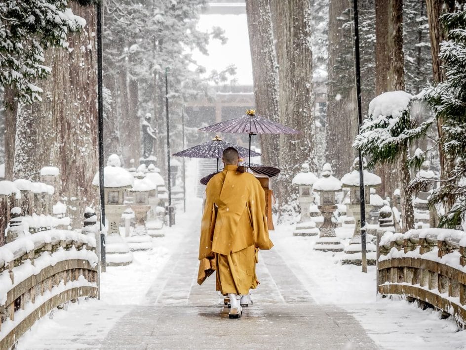 Monks walking to Torodo Hall, Okunoin cemetery, Koyasan