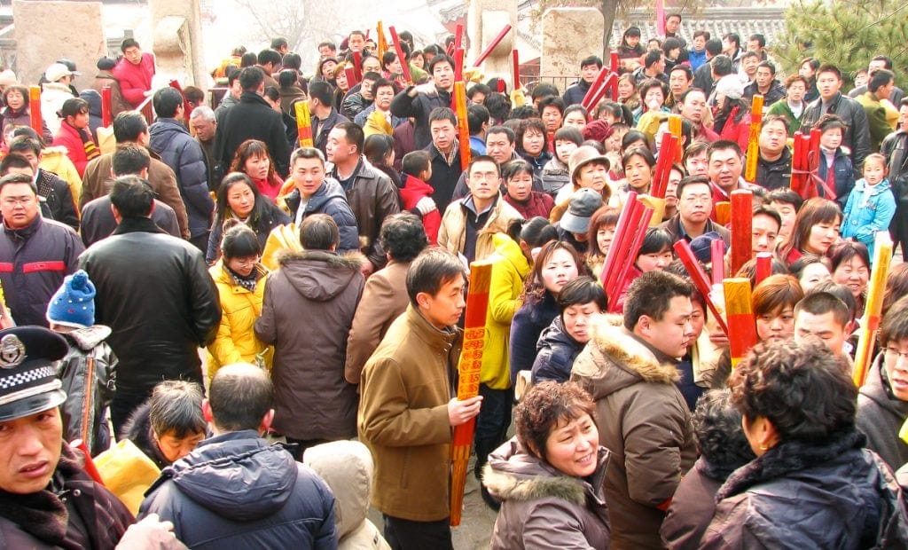 Crowds of Chinese people climbing Taishan for New Year's Day