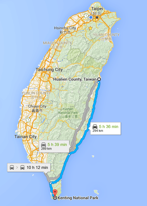 Map of Taiwan Hualian to Kenting