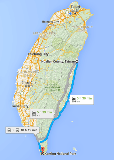 Map of Taiwan Hualian to Kenting