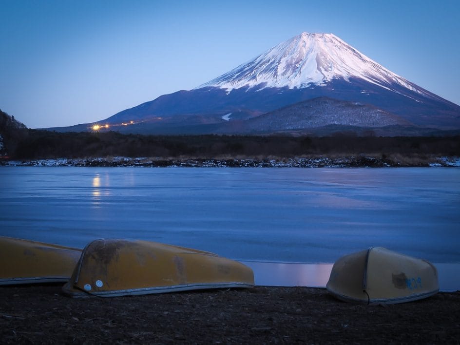 Mt. Fuji from Lake Shoji at night