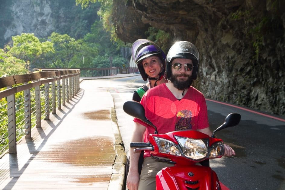 Riding a scooter in Taroko Gorge, Taiwan