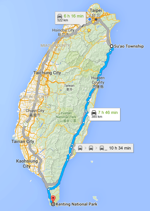 Map of Taiwan Suao to Kenting