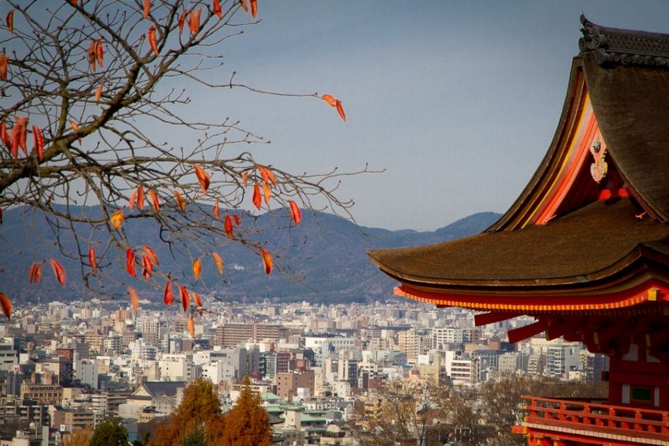 Kyoto in autumn, viewed from Nio-mon Gate, Kiyomizu dera