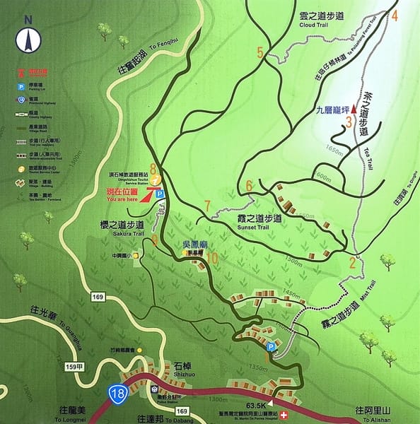 Map for hiking the tea trails in Shizhuo, Chiayi