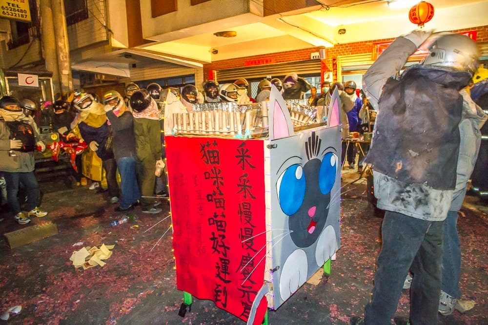 Tower of rockets at Yanshui Rockets Festival that looks like a cat