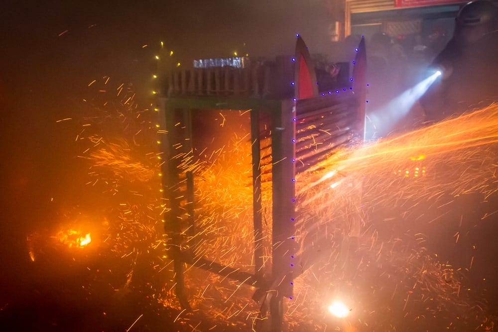 Tower of rockets at Yanshui Beehive Fireworks Festival that looks like a cat