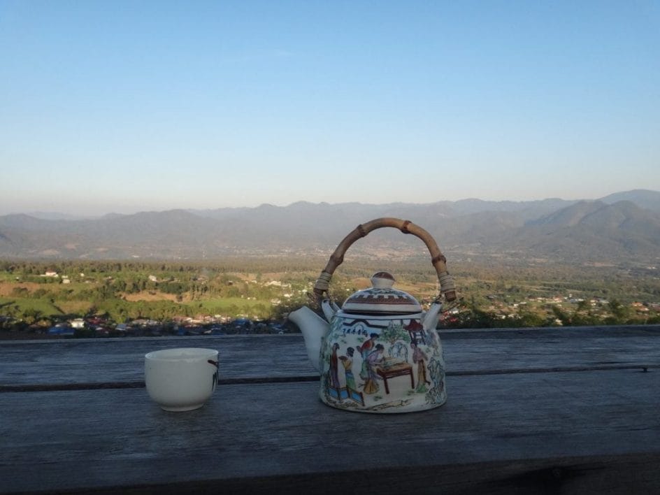 Enjoying tea while traveling in Thailand.
