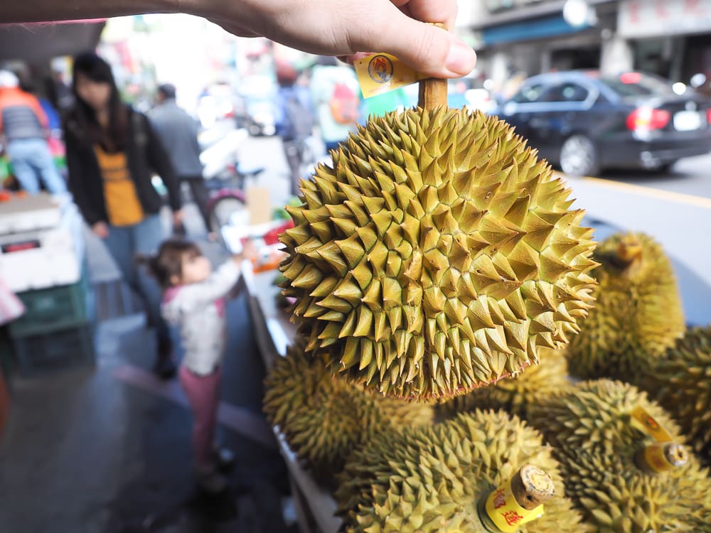 Durians for sale in a street market on Myanmar Street Taiwan