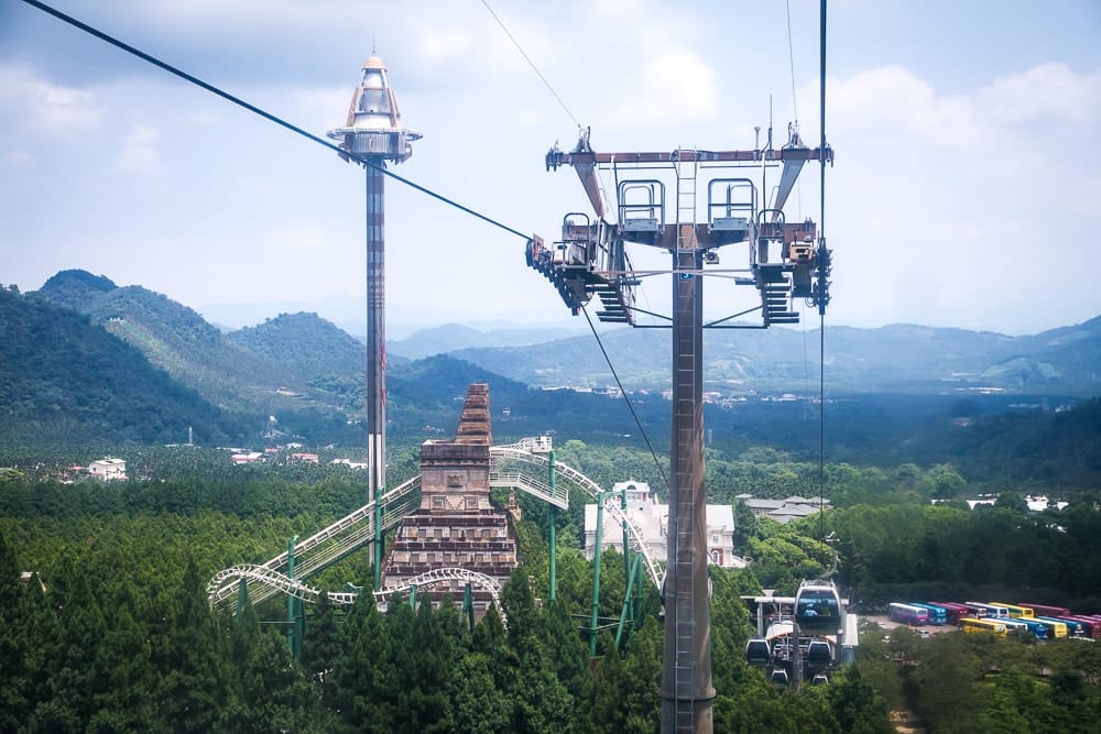 Amusement park rides viewed from the Sun Moon Lake Ropeway down to the Formosan Aboriginal Culture Village