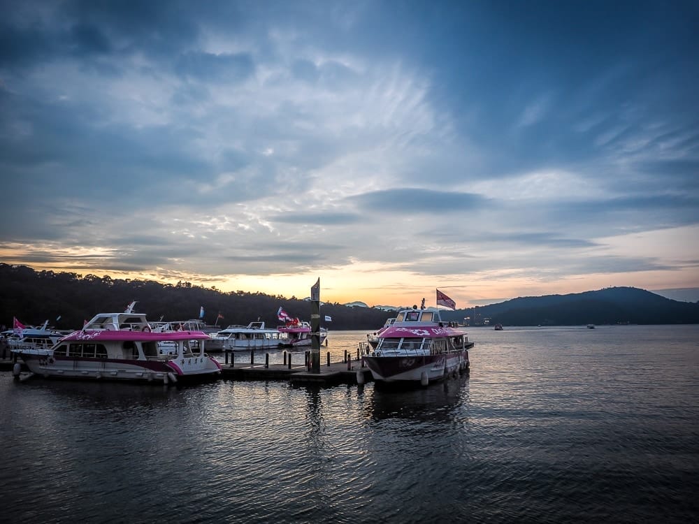 Boats at sunset on Sun Moon Lake