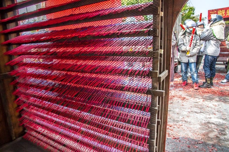 Looking through a wall of rockets at Fireworks Festival in Yanshui