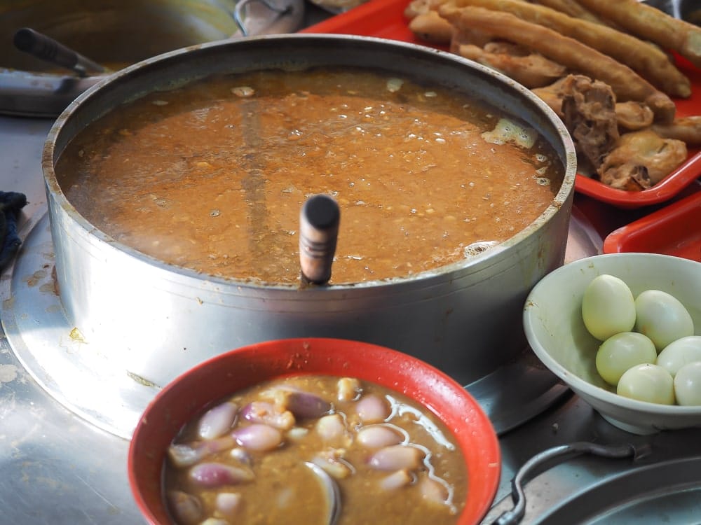 A huge pot of catfish curry used for making mohinga, the national dish of Myanmar