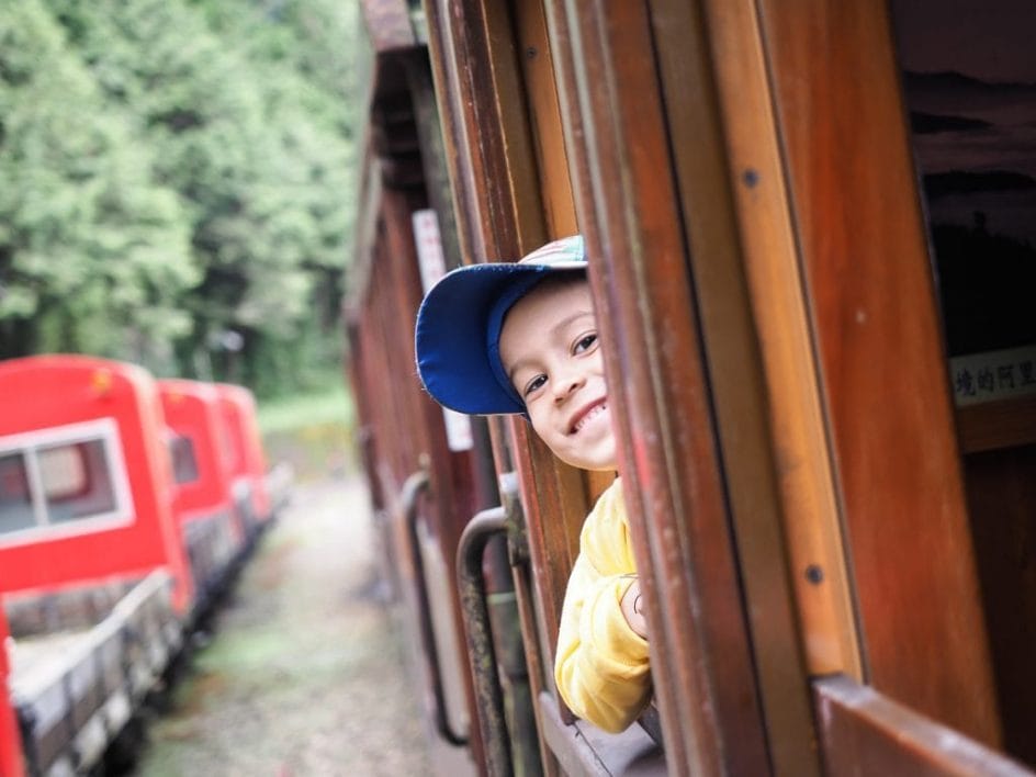 My son riding the Alishan Forest Railway from Alishan to Zhaoping (Chaoping) Station. See here for the Alishan Forest Railway times (Alishan train times)