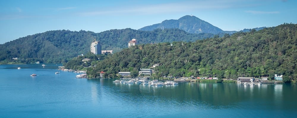 Distant view of Shuishe, the main village on Sun Moon Lake