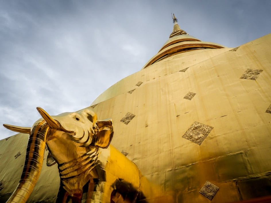 Golden chedi and elephant at Wat Pra Singh, the most popular temple in Chiang Mai