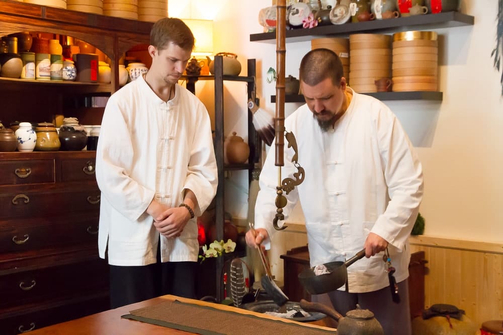 Preparing coals at Global Tea Hut's "Tea Sage Hut" in Miaoli, Taiwan