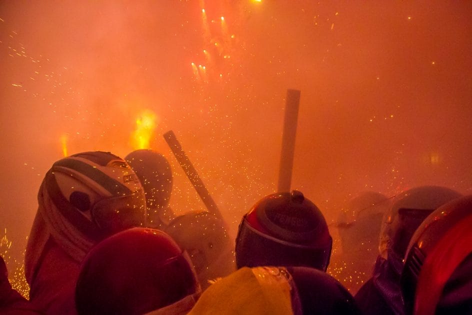 Getting hit by fireworks at the Yanshui Beehive Fireworks Festival