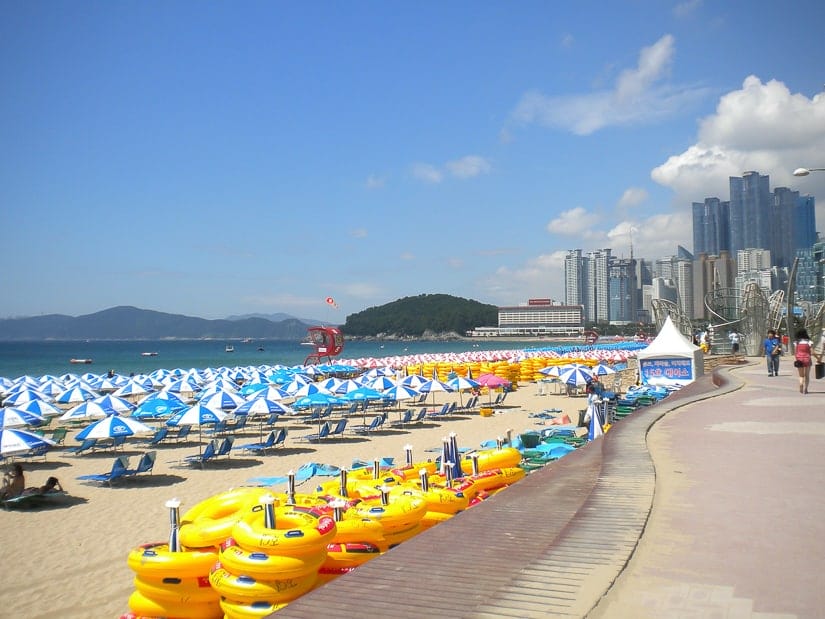 Summer beach umbrellas on Haeundae, the most popular beach in Busan