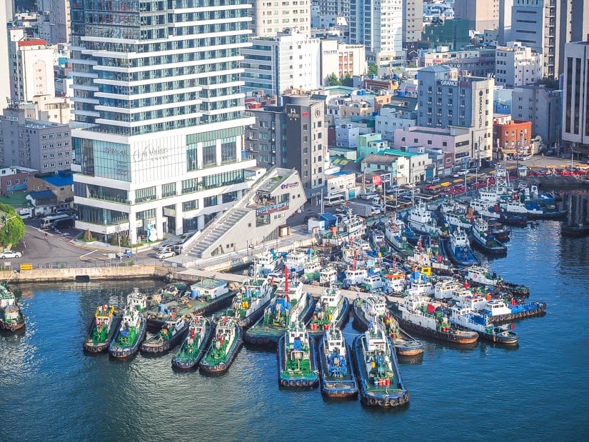 Boats in Busan Harbor at the bottom of La Valse Hotel