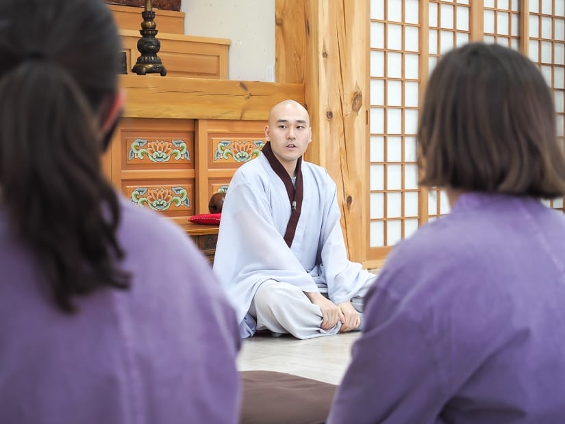 Welcome talk by a monk at Beomeosa Temple