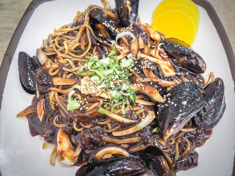 Jajangmyeon seafood noodles on the main street, one of the best places to eat in taejongdae