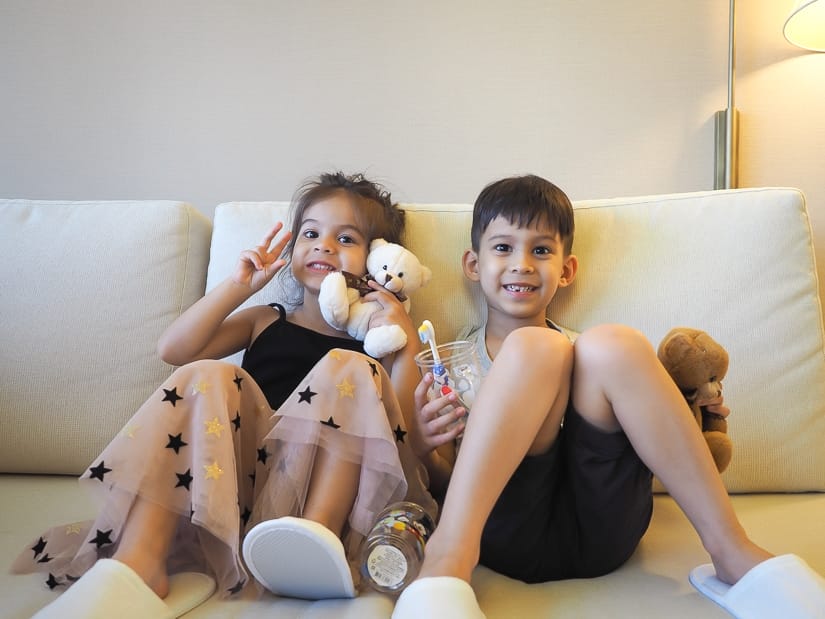 Our kids with the free gifts they received during our stay at Grand Hyatt Taipei