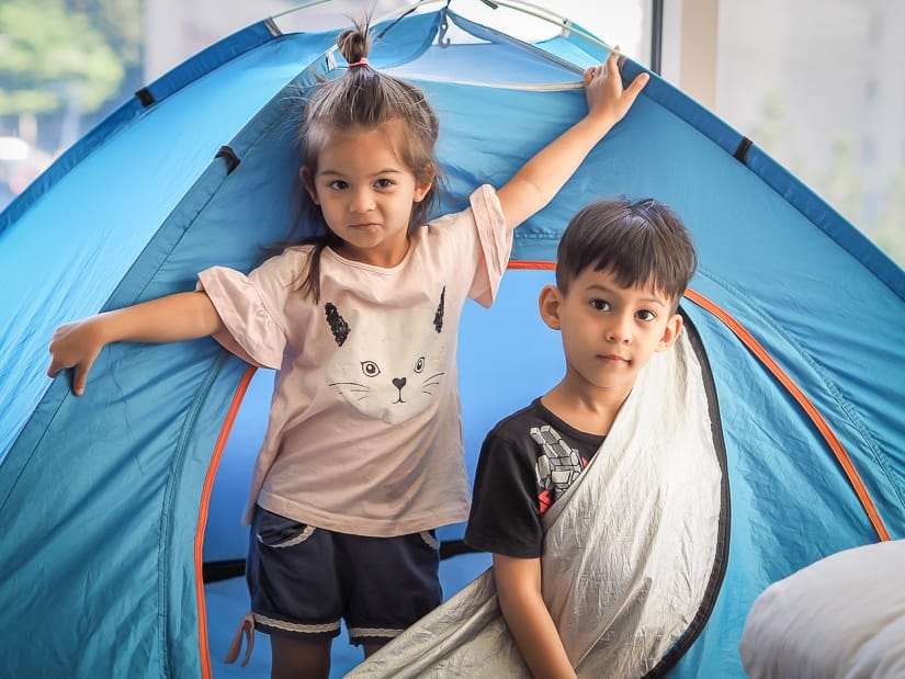 Kids in their tent for the Grand Hyatt luxury camping Grand Hyatt Taipei