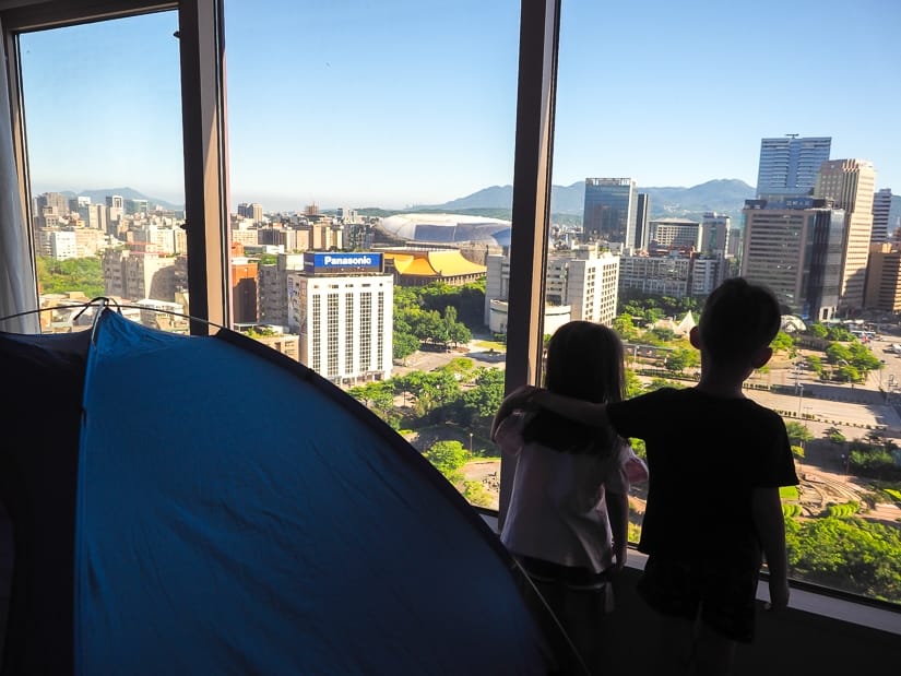 Sage and Lavender with view of Taipei from their tent at Grand Hyatt Taipei