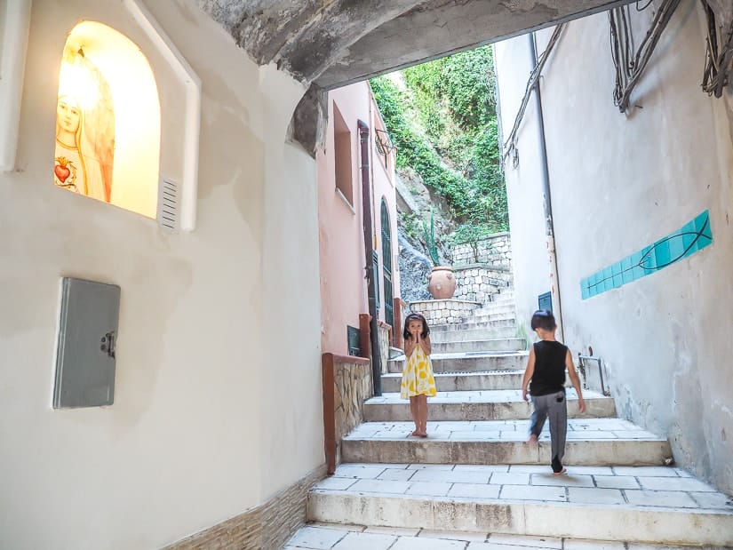Our kids in a staircase in Cetara, Amalfi Coast