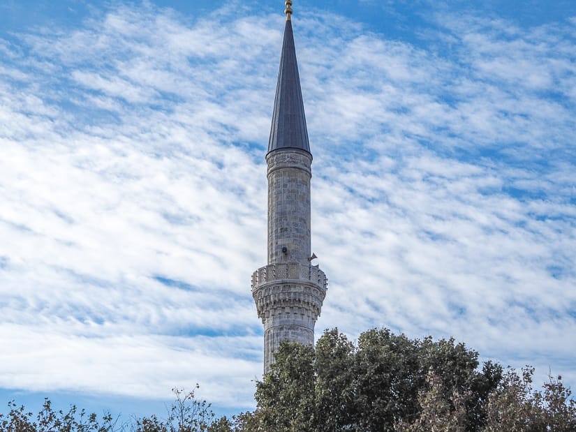 Blue Mosque minaret with a blue sky background