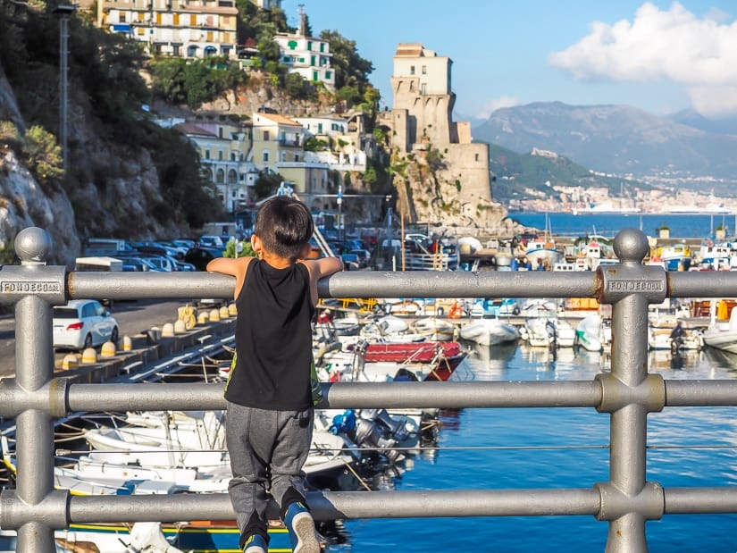 My son at the port of Cetara, which we feel is the best place to stay in Amalfi with kids