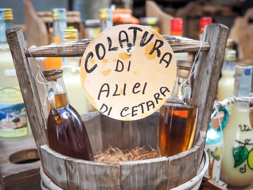 Bottles of Colatura di Alici for sale on the Amalfi Coast