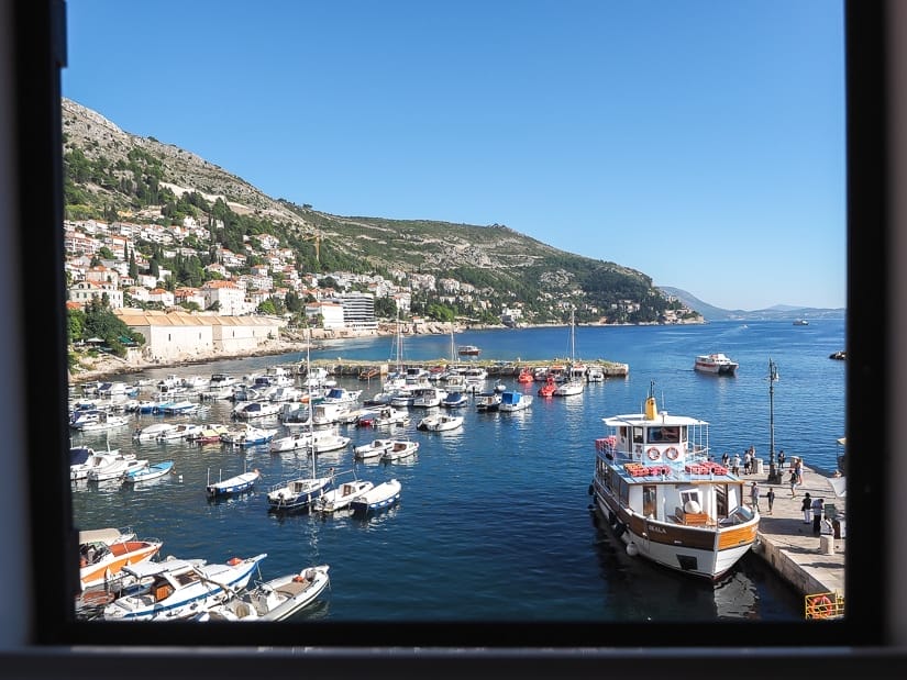 View of Dubrovnik Port and Lokrum Island ferry from window of our Dubrovnik kid-friendly hotel window 