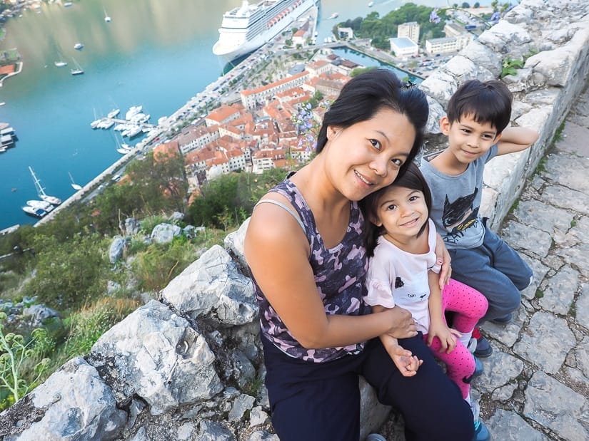 My wife and kids at a lookout point on the way up to Kotor Fortress