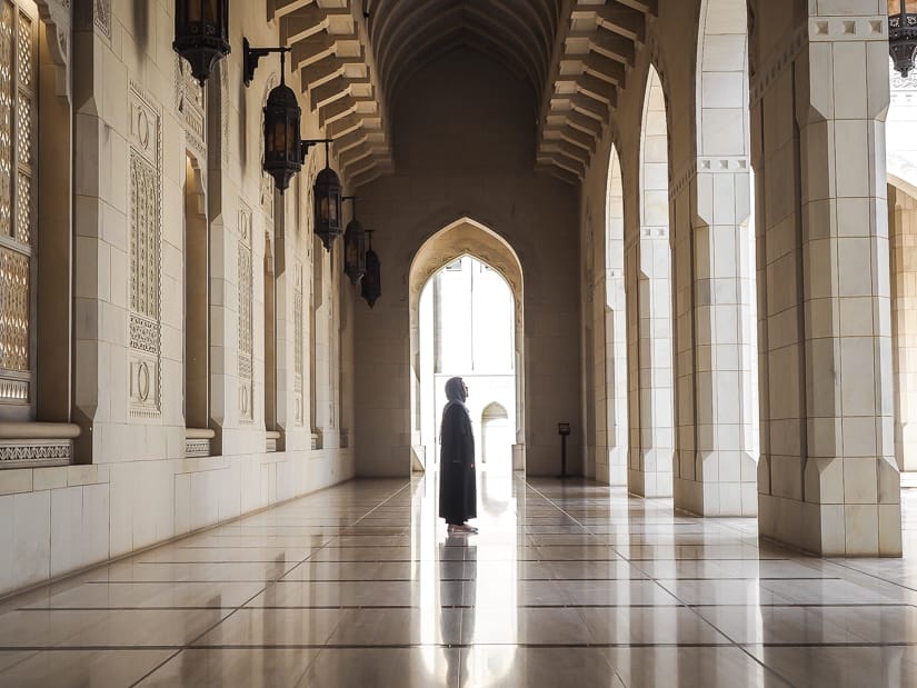 Silhouette of a woman at Sultan Qaboos Grand Mosque in Oman