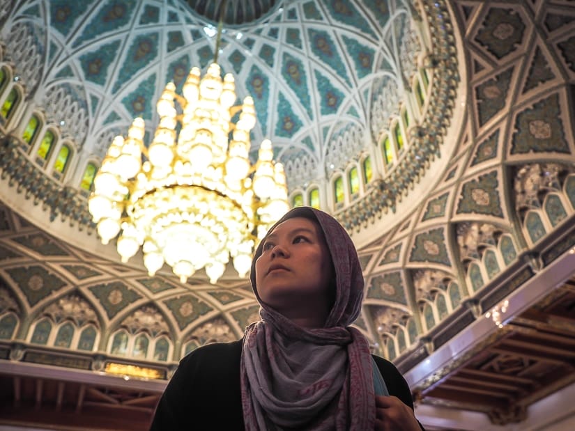 My wife in the main prayer hall of the Sultan Qaboos Grand Mosque, Oman