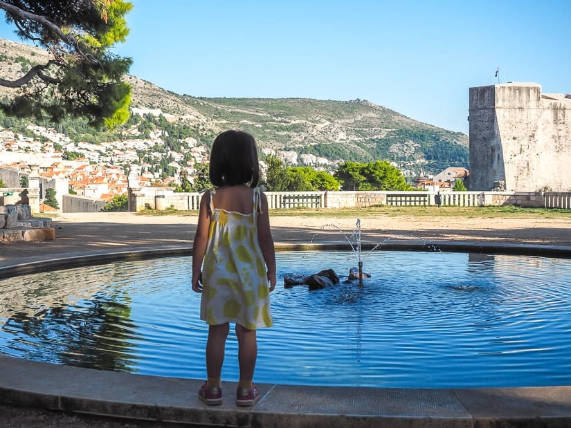 Lavender looking at a water fountain in Gradic Park, Dubrovnik