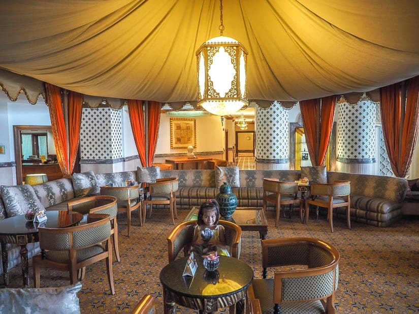 Sitting under Arabian tents in the lobby of the Grand Hyatt is one of the fun things to do with kids in Muscat Oman