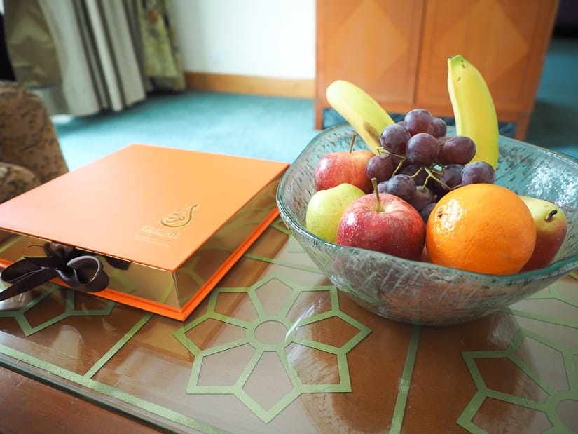 Box of chocolates and basket of fruits in our hotel room