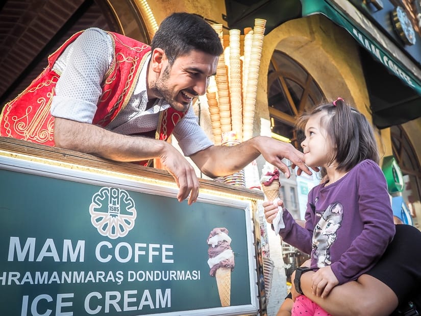 Istanbul for families is perfect because the people are so kind to the kids. This is an ice cream selling caressing Lavender's face