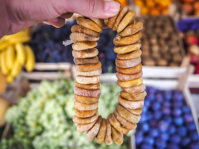 Ring of dried figs at Kotor Produce Market, the best place to buy groceries in Kotor Old Town