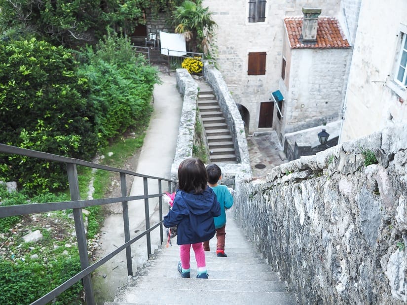 Walking along the city walls of kotor with our kids