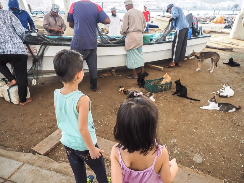 Our kids watching cats and fishermen at Muttra Port