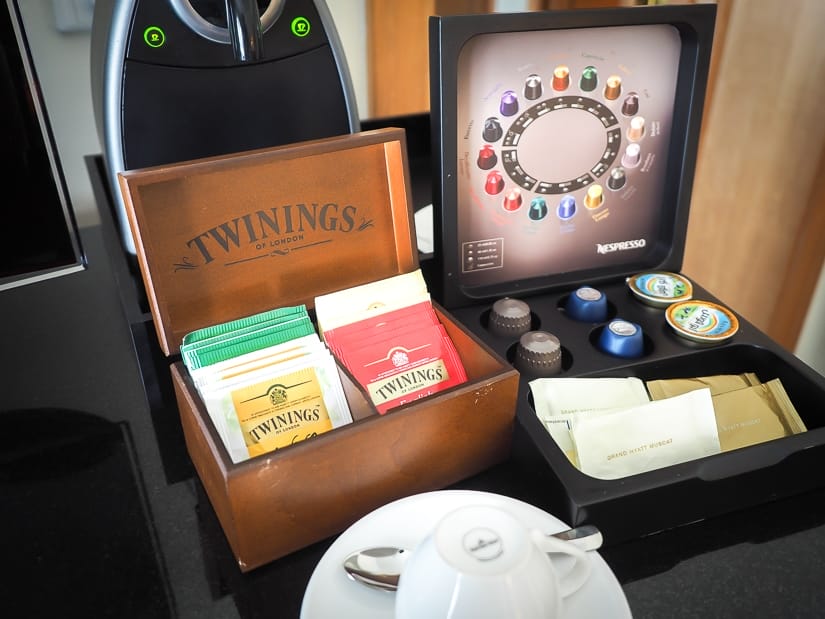 Nespresso machine and tea in our room at the Grand Hyatt Muscat