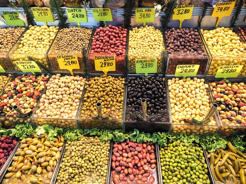 Assortment of olives in Kadikoy Market Istanbul