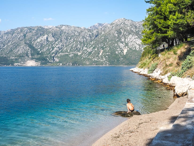 Visiting the beach in Perast Montenegro with kids