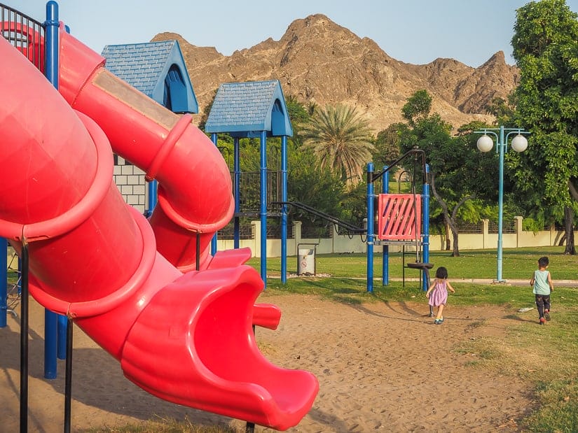 Slides in playground at Riyam Park