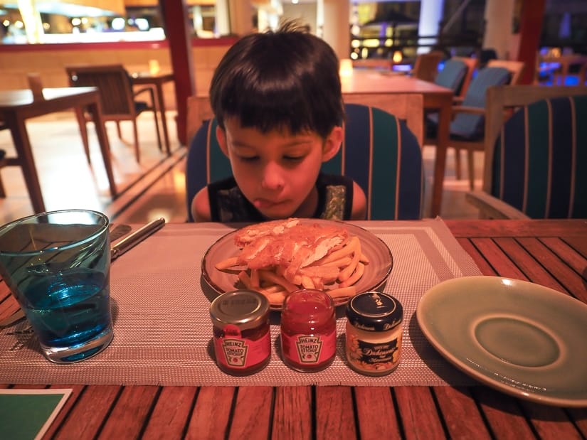 My son with his kids' meal at Marjan restaurant, Grand Hyatt Muscat